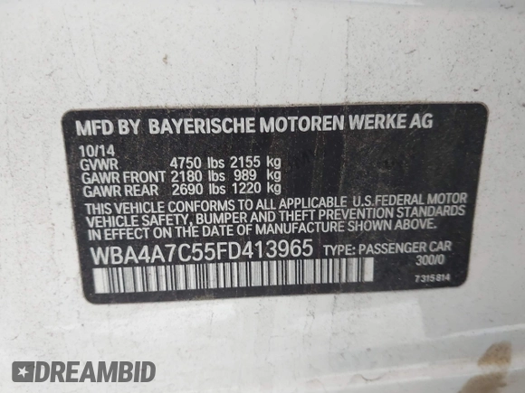 2015 BMW 4 Series 428i xDrive z VIN WBA4A7C55FD413965, wystawiony jako IAAI lot #42368615 z przebiegiem 108 308 mil mil oraz . Historia ofert i sprzedaży dostępna na DreamBid. Obrazek 9.