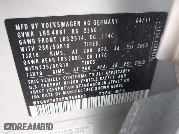 2011 Volkswagen Tiguan SEL с VIN WVGBV7AX9BW558990, выставлен на аукционе IAAI как лот 42657661 с пробегом Не указан миль и . История ставок и продаж доступна на DreamBid. Изображение 9.