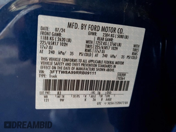 2024 Ford Maverick XL with VIN 3FTTW8A99RRB09111, listed as a Copart auction lot 47092635 with 3,466 mi miles and Salvage Title. Bid and sale history available at DreamBid. Image 13.