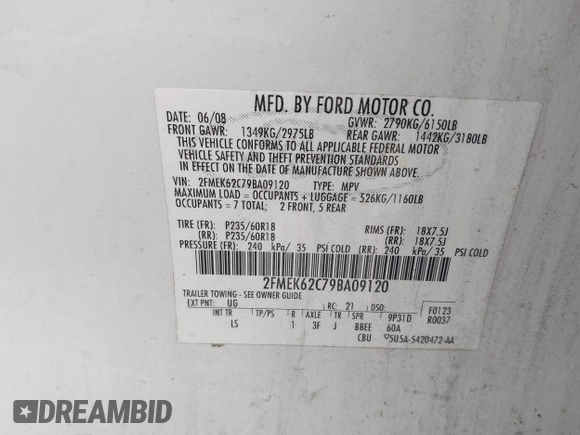 2009 Ford Flex SEL with VIN 2FMEK62C79BA09120, listed as a IAAI auction lot 41608160 with 228,977 mi miles. Bid and sale history available at carsss.com. Image 9.