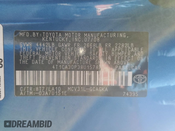 2008 Toyota Solara SE z VIN 4T1CA30P38U157871, wystawiony jako Copart lot #49809485 z przebiegiem Nie podano mil oraz Szkoda całkowita • Salvage title. Historia ofert i sprzedaży dostępna na DreamBid. Obrazek 12.