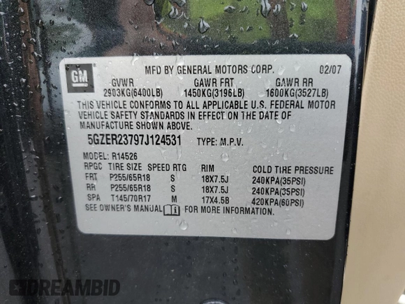 2007 Saturn Outlook XR z VIN 5GZER23797J124531, wystawiony jako Copart lot #62385414 z przebiegiem Nie podano mil oraz Tytuł czysty. Historia ofert i sprzedaży dostępna na DreamBid. Obrazek 13.