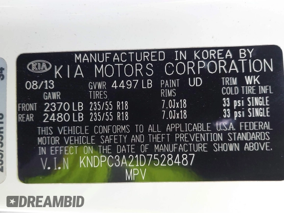 2013 Kia Sportage EX with VIN KNDPC3A21D7528487, listed as a IAAI auction lot 42556813 with 144,823 mi miles and . Bid and sale history available at DreamBid. Image 9.