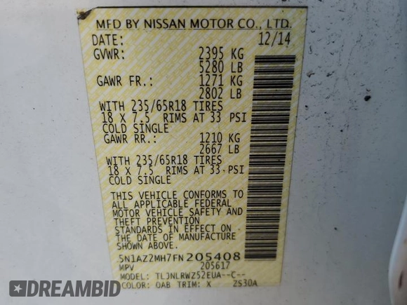2015 Nissan Murano Platinum with VIN 5N1AZ2MH7FN205408, listed as a Copart auction lot 48922835 with 154,667 mi miles and Salvage Title. Bid and sale history available at DreamBid. Image 13.