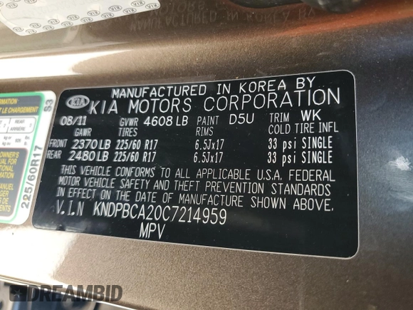 2012 Kia Sportage LX with VIN KNDPBCA20C7214959, listed as a Copart auction lot 62730645 with 194,768 mi miles and Clean title. Bid and sale history available at DreamBid. Image 13.