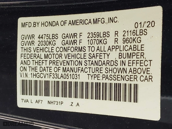2020 Honda Accord Sedan Sport with VIN 1HGCV1F33LA051031, listed as a IAAI auction lot 41747730 with 128,397 mi miles. Bid and sale history available at carsss.com. Image 9.