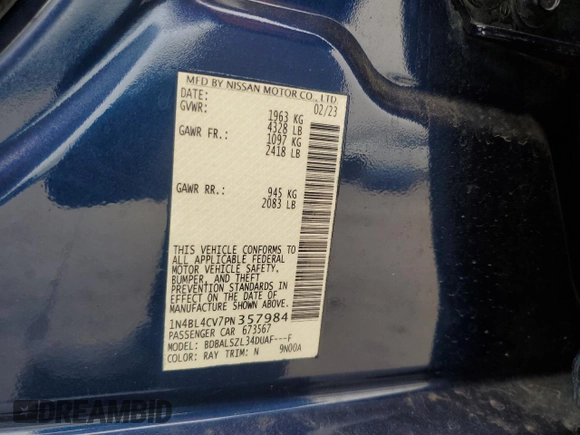 2023 Nissan Altima 2.5 SR with VIN 1N4BL4CV7PN357984, listed as a Copart auction lot 48260115 with 33,356 mi miles and Salvage Title. Bid and sale history available at carsss.com. Image 14.