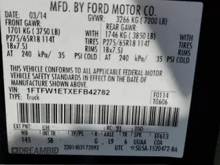2014 Ford F-150 XL with VIN 1FTFW1ETXEFB42782, listed as a Copart auction lot 56055895 with 147,995 mi miles and Salvage title. Bid and sale history available at DreamBid. Image 12.