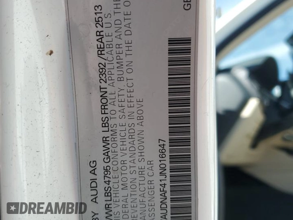 2018 Audi A4 Premium with VIN WAUDNAF41JN016647, listed as a Copart auction lot 48168125 with 70,524 mi miles and Salvage Title. Bid and sale history available at DreamBid. Image 13.