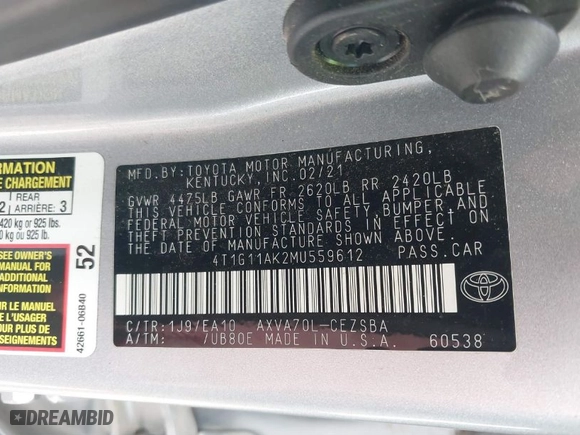2021 Toyota Camry SE Nightshade with VIN 4T1G11AK2MU559612, listed as a IAAI auction lot 41596782 with 90,956 mi miles. Bid and sale history available at carsss.com. Image 9.