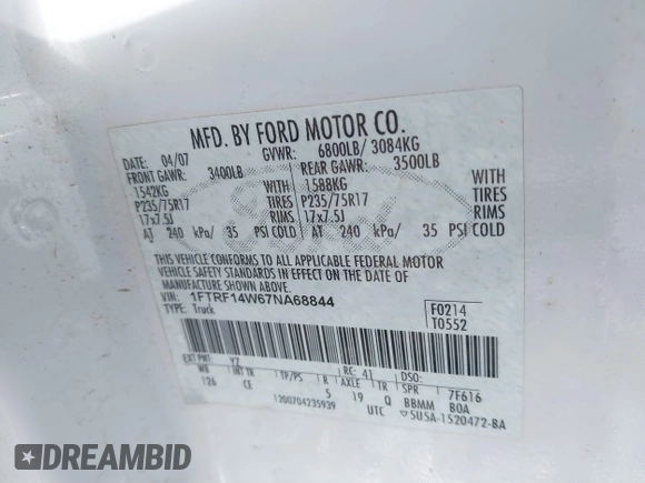 2007 Ford F-150 XL with VIN 1FTRF14W67NA68844, listed as a IAAI auction lot 41696844 with 151,352 mi miles and . Bid and sale history available at DreamBid. Image 9.