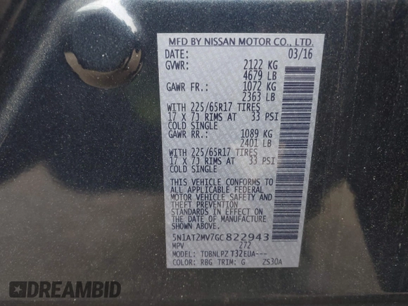 2016 Nissan Rogue SL with VIN 5N1AT2MV7GC822943, listed as a IAAI auction lot 42062218 with 119,274 mi miles and . Bid and sale history available at DreamBid. Image 9.