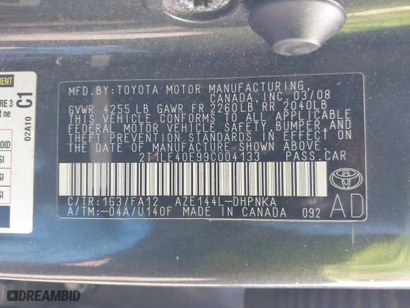 2009 Toyota Matrix S with VIN 2T1LE40E99C004133, listed as a IAAI auction lot 41917906 with 213,996 mi miles. Bid and sale history available at carsss.com. Image 9.