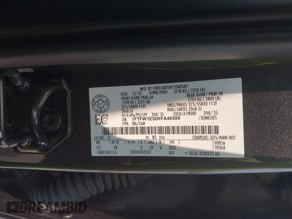 2019 Ford F-150 XL with VIN 1FTFW1E52KFA46500, listed as a IAAI auction lot 42394797 with 79,455 mi miles and . Bid and sale history available at DreamBid. Image 9.