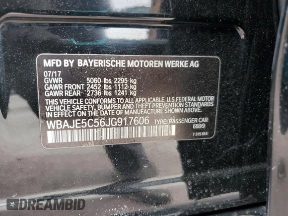 2018 BMW 5 Series 540i with VIN WBAJE5C56JG917606, listed as a Copart auction lot 54196055 with 85,207 mi miles and Salvage title. Bid and sale history available at DreamBid. Image 13.