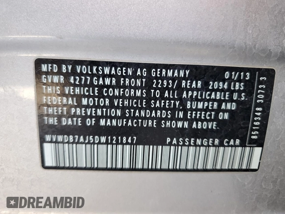 2013 Volkswagen Golf с VIN WVWDB7AJ5DW121847, выставлен на аукционе Copart как лот 86010984 с пробегом 119 864 миль миль и Списание • Salvage title. История ставок и продаж доступна на DreamBid. Изображение 12.