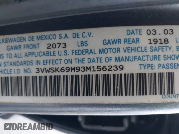 2003 Volkswagen Jetta GLS with VIN 3VWSK69M93M156239, listed as a IAAI auction lot 42190123 with 195,173 mi miles and . Bid and sale history available at DreamBid. Image 9.