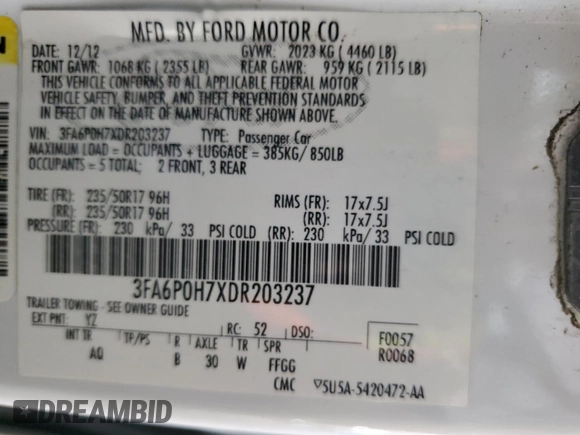 2013 Ford Fusion SE with VIN 3FA6P0H7XDR203237, listed as a Copart auction lot 53917115 with 104,855 mi miles and Salvage Title. Bid and sale history available at carsss.com. Image 12.