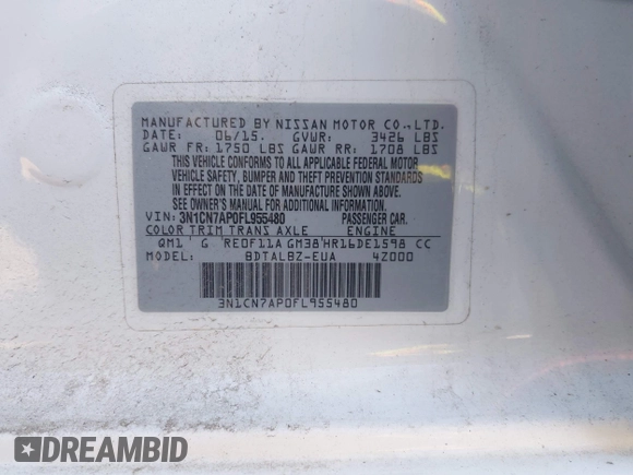 2015 Nissan Versa SV with VIN 3N1CN7AP0FL955480, listed as a IAAI auction lot 42070703 with 69,318 mi miles. Bid and sale history available at carsss.com. Image 9.