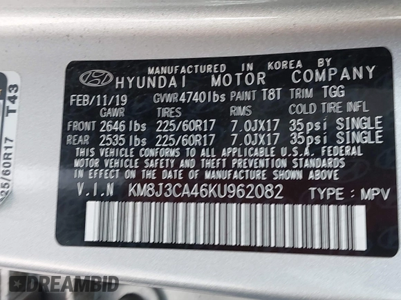 2019 Hyundai Tucson Value with VIN KM8J3CA46KU962082, listed as a IAAI auction lot 42160288 with 92,887 mi miles and . Bid and sale history available at DreamBid. Image 9.