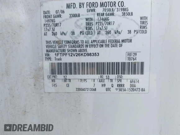 2006 Ford F-150 XL with VIN 1FTPF12V26KD98353, listed as a IAAI auction lot 42373225 with Not provided miles and . Bid and sale history available at DreamBid. Image 9.
