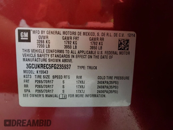 2015 Chevrolet Silverado 1500 LT with VIN 3GCUKREC5FG235937, listed as a Copart auction lot 55730335 with 201,044 mi miles and Clean Title. Bid and sale history available at DreamBid. Image 12.