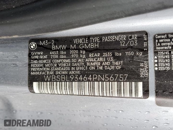 2004 BMW 3 Series M3 with VIN WBSBL93464PN56757, listed as a Copart auction lot 82568104 with 126,971 mi miles and Non Repairable. Bid and sale history available at DreamBid. Image 12.