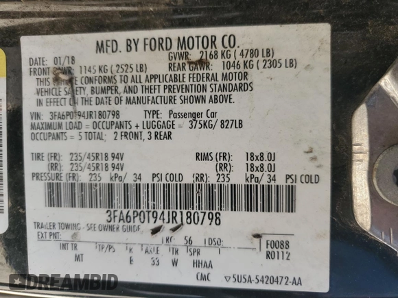 2018 Ford Fusion SE with VIN 3FA6P0T94JR180798, listed as a Copart auction lot 45946285 with 248,239 mi miles and Salvage Title. Bid and sale history available at carsss.com. Image 13.