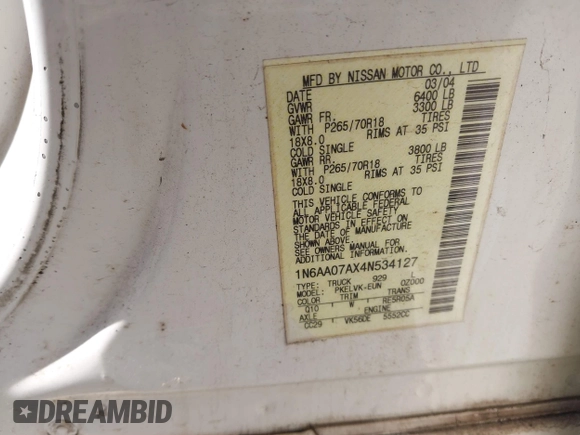 2004 Nissan Titan LE with VIN 1N6AA07AX4N534127, listed as a IAAI auction lot 42048092 with Not Provided miles. Bid and sale history available at carsss.com. Image 9.
