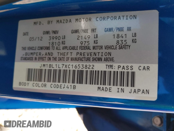 2012 Mazda 3 i Touring with VIN JM1BL1L7XC1653822, listed as a IAAI auction lot 42092300 with 90,995 mi miles and . Bid and sale history available at DreamBid. Image 9.