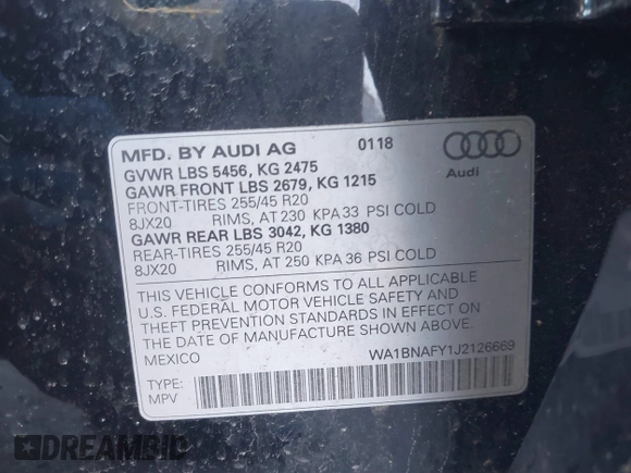 2018 Audi Q5 Premium Plus with VIN WA1BNAFY1J2126669, listed as a IAAI auction lot 41877318 with 44,397 mi miles. Bid and sale history available at carsss.com. Image 9.