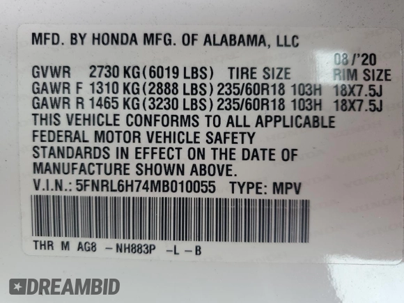 2021 Honda Odyssey EX-L with VIN 5FNRL6H74MB010055, listed as a Copart auction lot 52749245 with 187,646 mi miles and Clean Title. Bid and sale history available at DreamBid. Image 13.