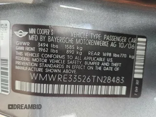 2006 MINI Hardtop S z VIN WMWRE33526TN28483, wystawiony jako Copart lot #64806175 z przebiegiem 76 419 mil mil oraz Szkoda całkowita • Salvage title. Historia ofert i sprzedaży dostępna na DreamBid. Obrazek 12.