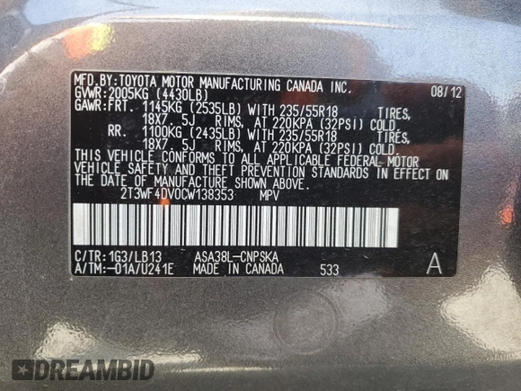 2012 Toyota RAV4 Sport with VIN 2T3WF4DV0CW138353, listed as a Copart auction lot 58526025 with 143,790 mi miles and Salvage title. Bid and sale history available at DreamBid. Image 13.