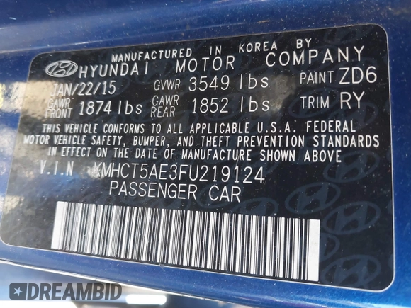 2015 Hyundai Accent GS with VIN KMHCT5AE3FU219124, listed as a IAAI auction lot 41843449 with 152,535 mi miles. Bid and sale history available at carsss.com. Image 9.