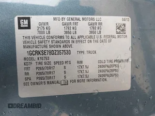 2013 Chevrolet Silverado 1500 LT with VIN 1GCRKSE78DZ357530, listed as a IAAI auction lot 40947097 with 125,184 mi miles and . Bid and sale history available at DreamBid. Image 9.