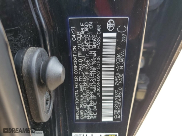 2021 Toyota Prius L Eco with VIN JTDKAMFU6M3150108, listed as a Copart auction lot 53690385 with 105,765 mi miles and Salvage Title. Bid and sale history available at carsss.com. Image 12.