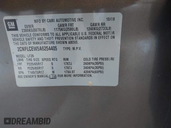 2010 Chevrolet Equinox LS with VIN 2CNFLCEW5A6254405, listed as a IAAI auction lot 41347558 with 160,988 mi miles. Bid and sale history available at carsss.com. Image 9.