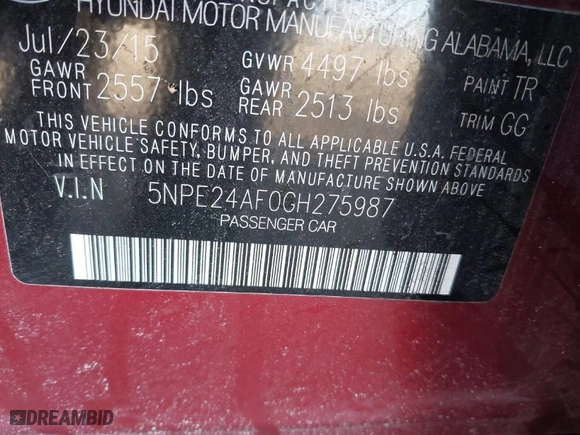 2016 Hyundai Sonata 2.4L SE with VIN 5NPE24AF0GH275987, listed as a IAAI auction lot 41346674 with NaN miles. Bid and sale history available at carsss.com. Image 9.