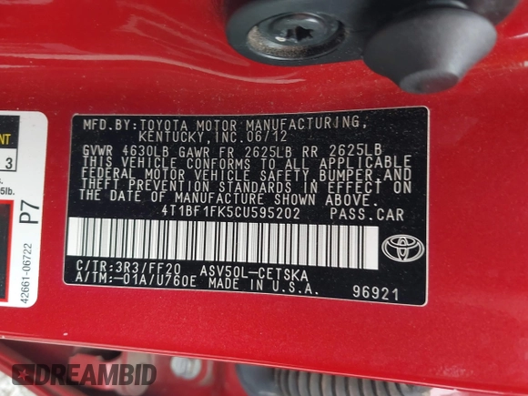 2012 Toyota Camry L with VIN 4T1BF1FK5CU595202, listed as a IAAI auction lot 41650202 with 199,683 mi miles. Bid and sale history available at carsss.com. Image 9.