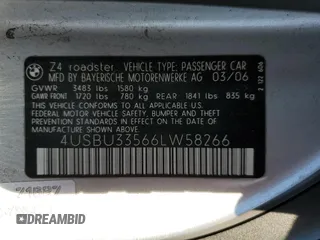 2006 BMW Z4 3.0i with VIN 4USBU33566LW58266, listed as a Copart auction lot 88115635 with 90,409 mi miles and Salvage Title. Bid and sale history available at carsss.com. Image 14.