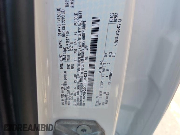2017 Ford Escape SE z VIN 1FMCU9GD0HUD44281, wystawiony jako IAAI lot #42573170 z przebiegiem 99 085 mil mil oraz . Historia ofert i sprzedaży dostępna na DreamBid. Obrazek 16.