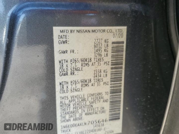 2020 Nissan Frontier SV with VIN 1N6ED0EAXLN705646, listed as a Copart auction lot 57971295 with 23,829 mi miles and Salvage title. Bid and sale history available at DreamBid. Image 12.
