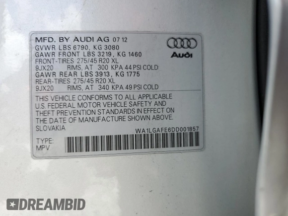 2013 Audi Q7 3.0T Premium Plus with VIN WA1LGAFE6DD001857, listed as a Copart auction lot 51815805 with 105,353 mi miles and Clean Title. Bid and sale history available at carsss.com. Image 13.