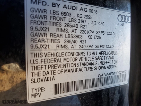 2017 Audi Q7 Prestige with VIN WA1VAAF70HD023127, listed as a Copart auction lot 45720565 with 120,482 mi miles and Salvage Title. Bid and sale history available at carsss.com. Image 12.