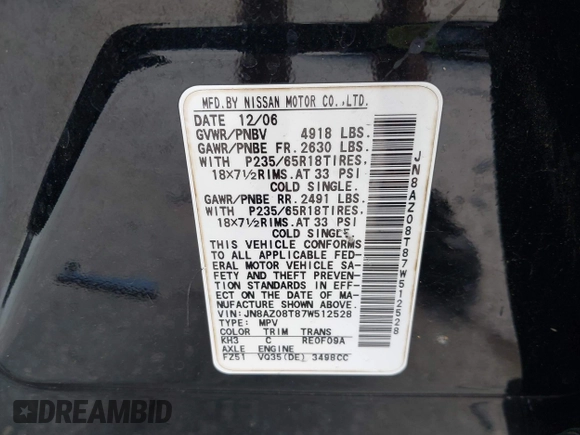 2007 Nissan Murano SL with VIN JN8AZ08T87W512528, listed as a IAAI auction lot 41940273 with 174,767 mi miles and . Bid and sale history available at carsss.com. Image 9.