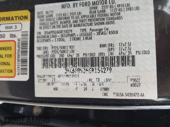 2016 Ford Fusion Titanium with VIN 3FA6P0SU6GR154279, listed as a IAAI auction lot 42127726 with Not provided miles and . Bid and sale history available at DreamBid. Image 9.