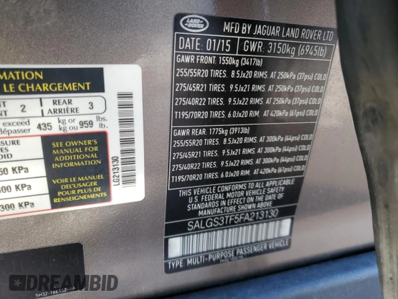2015 Land Rover Range Rover Supercharged с VIN SALGS3TF5FA213130, выставлен на аукционе Copart как лот 42124545 с пробегом 173 208 миль миль и Чистый • Clean title. История ставок и продаж доступна на DreamBid. Изображение 13.