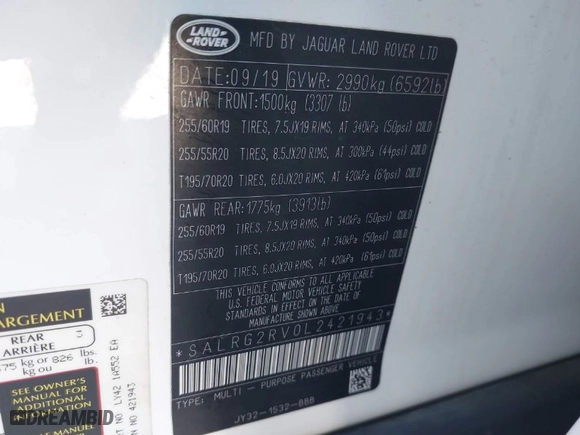 2020 Land Rover Discovery SE with VIN SALRG2RV0L2421943, listed as a IAAI auction lot 41818302 with 62,788 mi miles. Bid and sale history available at carsss.com. Image 9.