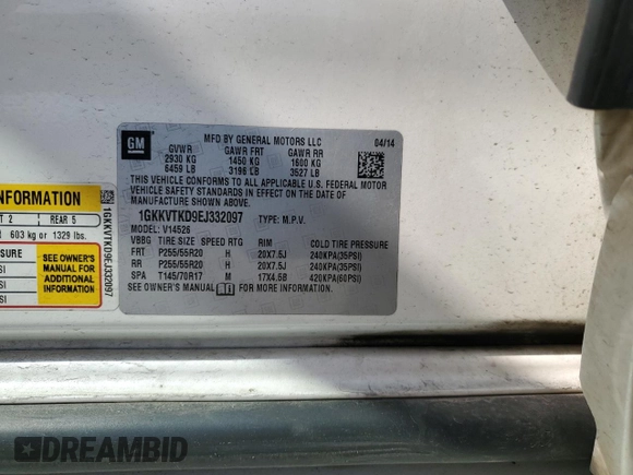 2014 GMC Acadia Denali z VIN 1GKKVTKD9EJ332097, wystawiony jako Copart lot #56315595 z przebiegiem 147 224 mil mil oraz Szkoda całkowita • Salvage title. Historia ofert i sprzedaży dostępna na DreamBid. Obrazek 13.